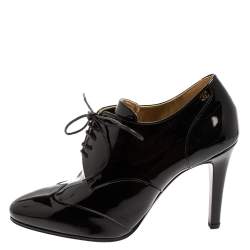 Chanel Black Patent Leather CC Lace Up Derby Booties Size 37