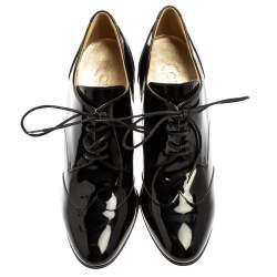 Chanel Black Patent Leather CC Lace Up Derby Booties Size 37