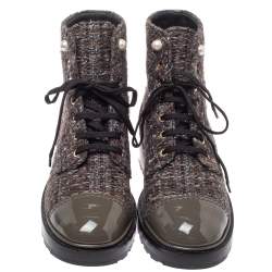 Chanel Multicolor Tweed And Patent Leather CC Cap Toe Pearl Embellished Combat Ankle Boots Size 40