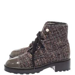 Chanel Multicolor Tweed And Patent Leather CC Cap Toe Pearl Embellished Combat Ankle Boots Size 40