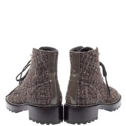 Chanel Multicolor Tweed And Patent Leather CC Cap Toe Pearl Embellished Combat Ankle Boots Size 40