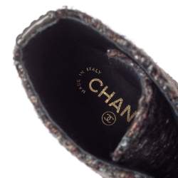 Chanel Multicolor Tweed And Patent Leather CC Cap Toe Pearl Embellished Combat Ankle Boots Size 40