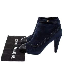 Chanel  Blue Suede And Leather CC Ankle Boots Size 40.5