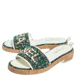 Pre Owned Chanel Multicolor Tweed And Leather Slide Sandals Size 39.5