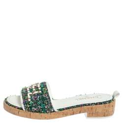 Pre Owned Chanel Multicolor Tweed And Leather Slide Sandals Size 39.5