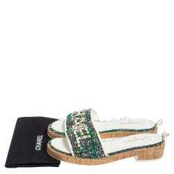 Pre Owned Chanel Multicolor Tweed And Leather Slide Sandals Size 39.5