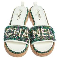 Pre Owned Chanel Multicolor Tweed And Leather Slide Sandals Size 39.5