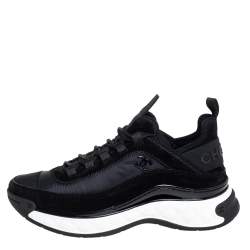 Pre Owned Chanel Black Suede And Nylon CC Low Top Sneakers Size 36