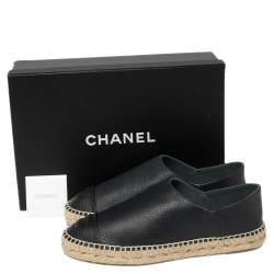 Pre Owned Chanel Dark Blue/Black Leather CC Cap Toe Espadrille Flats Size 39
