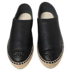 Pre Owned Chanel Dark Blue/Black Leather CC Cap Toe Espadrille Flats Size 39