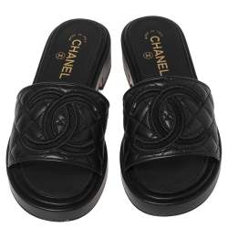 Pre Owned صندل سلايد شانيل سي سي جلد أسود مبطن مقاس 38