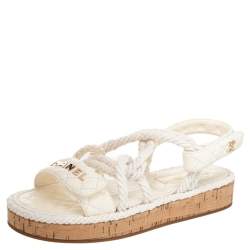 Chanel Ivory Cord And Leather Cork Flat Slingback Sandals Size 38