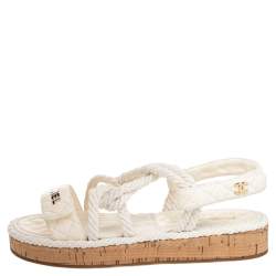 Pre Owned Chanel Ivory Cord And Leather Cork Flat Slingback Sandals Size 38