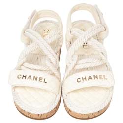 Pre Owned Chanel Ivory Cord And Leather Cork Flat Slingback Sandals Size 38