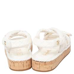Pre Owned Chanel Ivory Cord And Leather Cork Flat Slingback Sandals Size 38