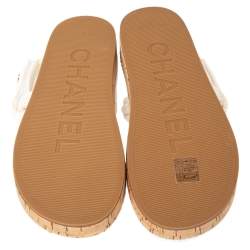 Pre Owned Chanel Ivory Cord And Leather Cork Flat Slingback Sandals Size 38