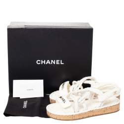 Pre Owned Chanel Ivory Cord And Leather Cork Flat Slingback Sandals Size 38