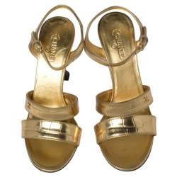 Chanel Gold Crocodile Embossed Leather CC Ankle Strap Sandals Size 38.5