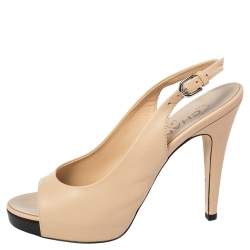Pre Owned Chanel Beige Leather CC Peep Toe Platform Slingback Sandals Size 38.5