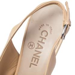 Pre Owned Chanel Beige Leather CC Peep Toe Platform Slingback Sandals Size 38.5