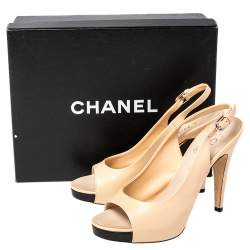 Pre Owned Chanel Beige Leather CC Peep Toe Platform Slingback Sandals Size 38.5