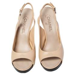Pre Owned Chanel Beige Leather CC Peep Toe Platform Slingback Sandals Size 38.5