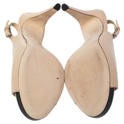 Pre Owned Chanel Beige Leather CC Peep Toe Platform Slingback Sandals Size 38.5