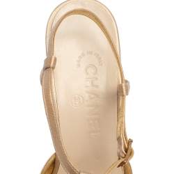 Pre Owned Chanel Beige Satin Pointed Cap Toe T Strap Pumps Size 38.5