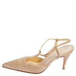 Pre Owned Chanel Beige Satin Pointed Cap Toe T Strap Pumps Size 38.5
