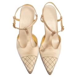 Pre Owned Chanel Beige Satin Pointed Cap Toe T Strap Pumps Size 38.5