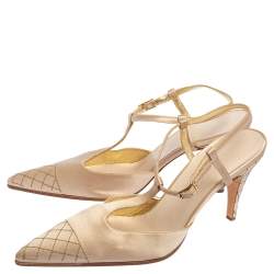 Pre Owned Chanel Beige Satin Pointed Cap Toe T Strap Pumps Size 38.5