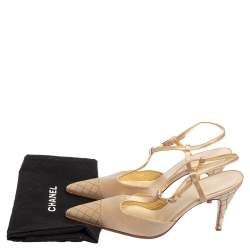 Pre Owned Chanel Beige Satin Pointed Cap Toe T Strap Pumps Size 38.5