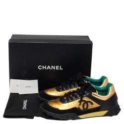 مملوكة مسبقًا Chanel  Black/Gold Croc Embossed, Leather and Suede Logo CC Sneakers Size 42
