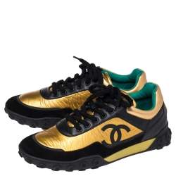 مملوكة مسبقًا Chanel  Black/Gold Croc Embossed, Leather and Suede Logo CC Sneakers Size 42