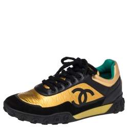 مملوكة مسبقًا Chanel  Black/Gold Croc Embossed, Leather and Suede Logo CC Sneakers Size 42