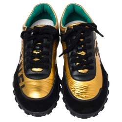 مملوكة مسبقًا Chanel  Black/Gold Croc Embossed, Leather and Suede Logo CC Sneakers Size 42
