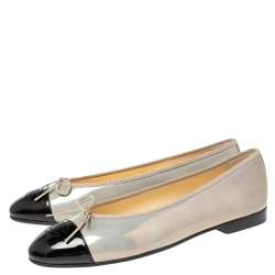 مملوكة مسبقًا Chanel /Grey/Black Iridescent Patent Leather CC Bow Cap Toe Ballet Flats Size 41