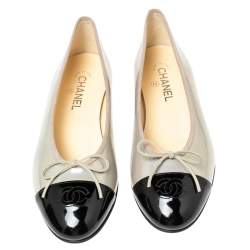 مملوكة مسبقًا Chanel /Grey/Black Iridescent Patent Leather CC Bow Cap Toe Ballet Flats Size 41