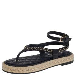 Chanel Black Leather CC Chain Link Thong Flat Ankle Strap Espadrille Sandals  Size 38 Chanel
