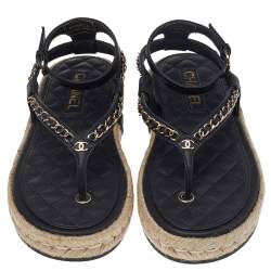 مملوكة مسبقًا Chanel Black Leather CC Chain Link Thong Flat Ankle Strap Espadrille Sandals Size 38