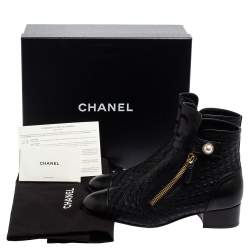 Chanel Black Quilted Leather Pearl Embellished Ankle Boots Size 39.5