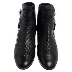 Chanel Black Quilted Leather Pearl Embellished Ankle Boots Size 39.5