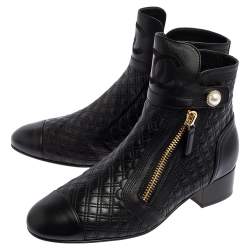 Chanel Black Quilted Leather Pearl Embellished Ankle Boots Size 39.5