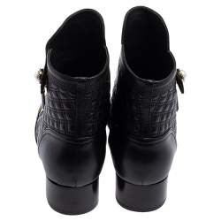 Chanel Black Quilted Leather Pearl Embellished Ankle Boots Size 39.5