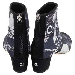 Chanel Multicolor Logo Printed Suede and Fabric CC Cap Toe Ankle Boots Size 37