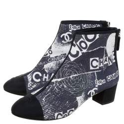 Chanel Multicolor Logo Printed Suede and Fabric CC Cap Toe Ankle Boots Size 37