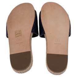 Pre Owned Chanel Navy Blue Leather Embellished CC Flat Espadrille Slides Size 40