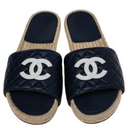 Pre Owned Chanel Navy Blue Leather Embellished CC Flat Espadrille Slides Size 40