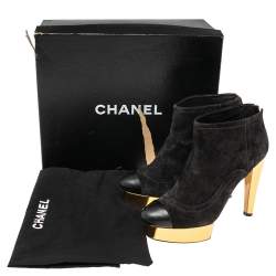 Chanel Black Suede Cap Toe Platform Ankle Booties Size 39