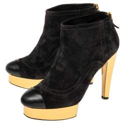 Chanel Black Suede Cap Toe Platform Ankle Booties Size 39